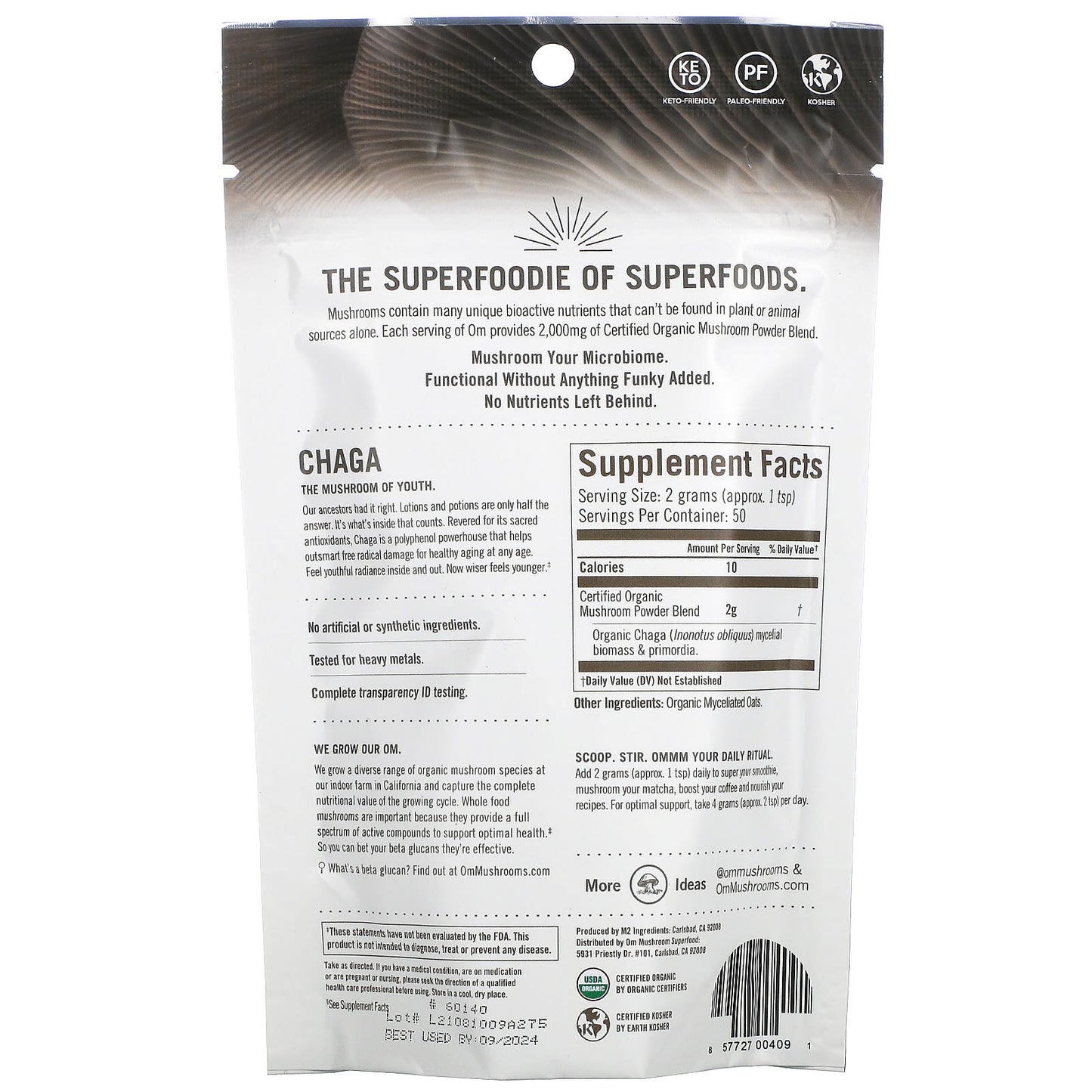 OM Mushroom Superfood Chaga Mushroom Powder - Certified 100% Organic 100 grams