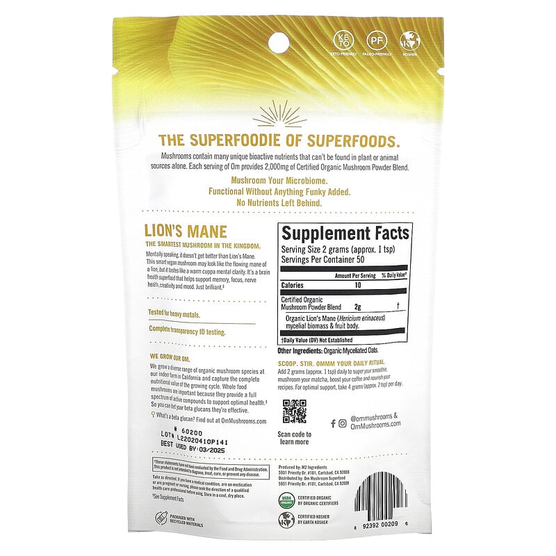 OM Mushroom Superfood Lion's Mane Mushroom Powder - Certified Organic 100 grams