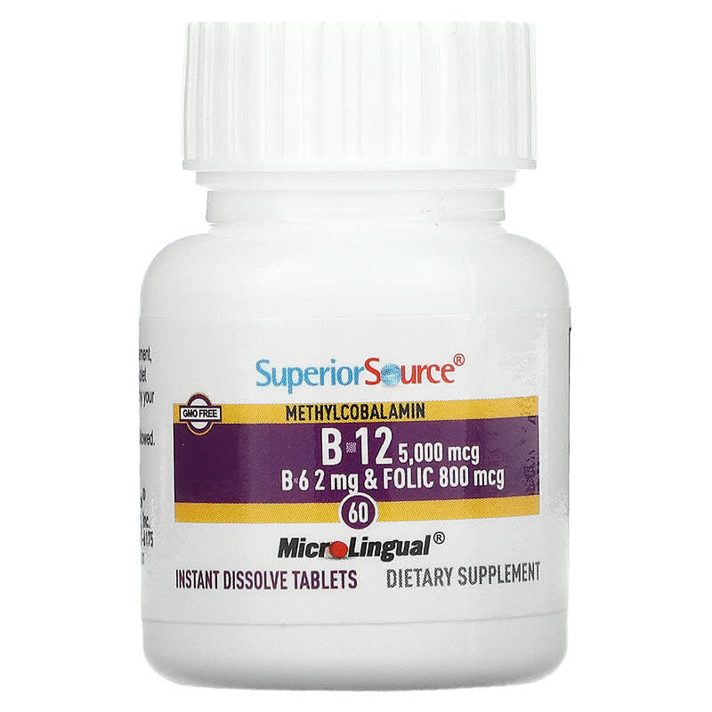 Superior Source No Shot Methylcobalamin B12 (5000mcg) + B6 & Folic Acid (800mcg) 60 tabs
