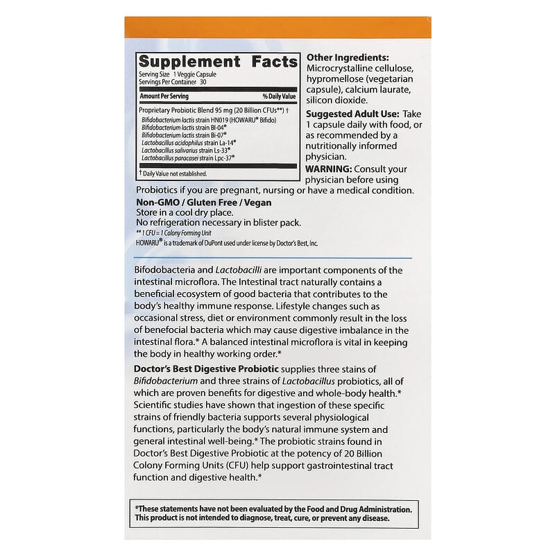 Doctor's Best Digestive Probiotic 20 Billion with HOWARU  30 vcaps