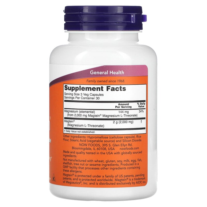 Now Magtein (Magnesium L-Threonate)  90 vcaps