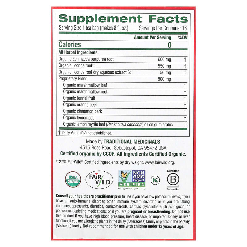 Traditional Medicinals Organic Seasonal Tea Throat Coat - Lemon Echinacea 16 pckts