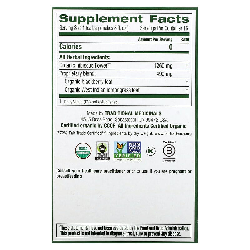 Traditional Medicinals Organic Herbal Tea Hibiscus 16 pckts