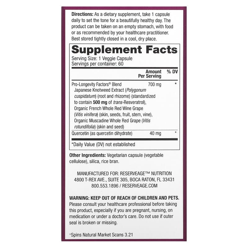 Reserveage Organics Resveratrol (500mg)  60 vcaps