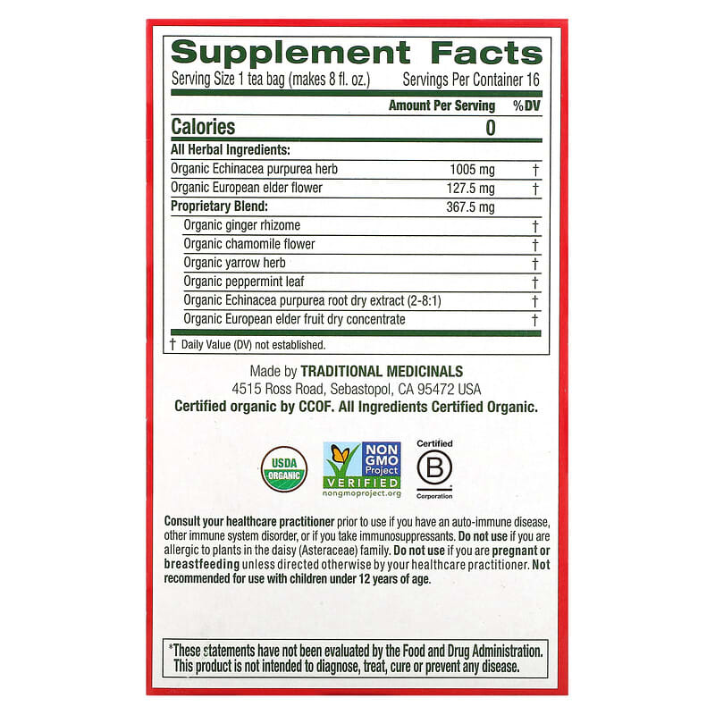 Traditional Medicinals Organic Seasonal Tea Echinacea Plus - Elderberry 16 pckts