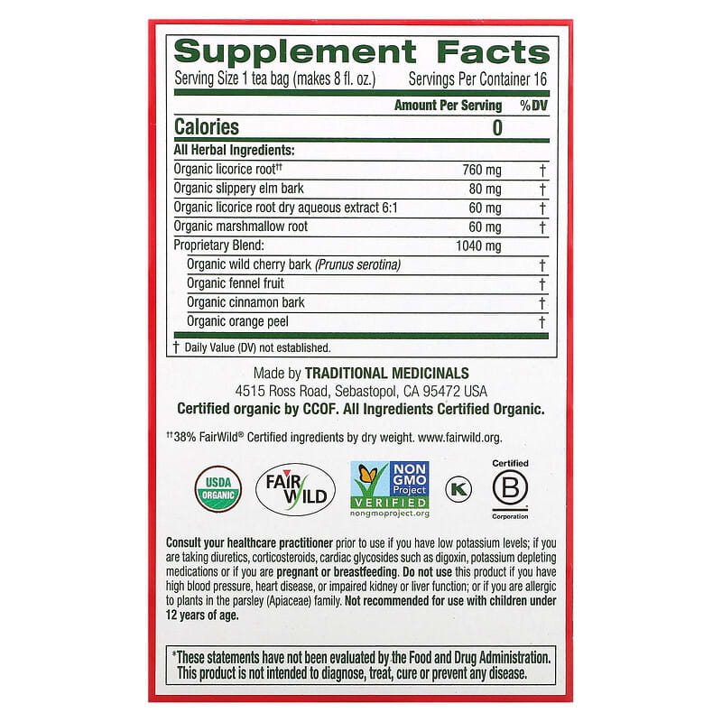 Traditional Medicinals Organic Seasonal Tea Throat Coat 16 pckts