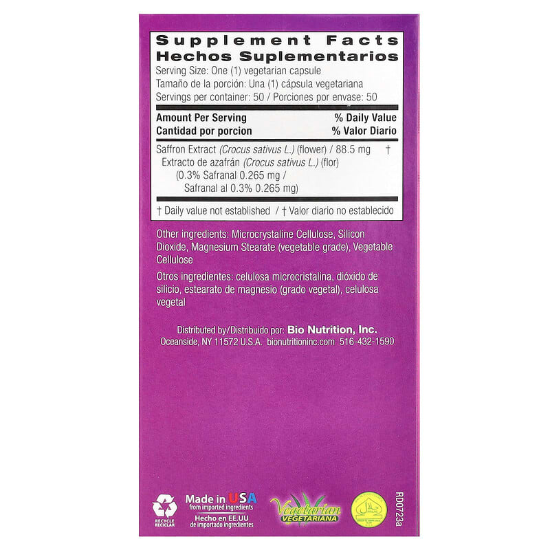 Bio Nutrition Saffron Extract (88.5mg)  50 vcaps