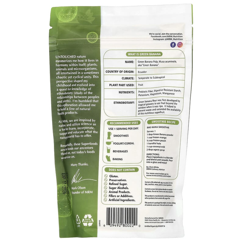 MRM Raw Organic Green Banana Powder  8.5 oz